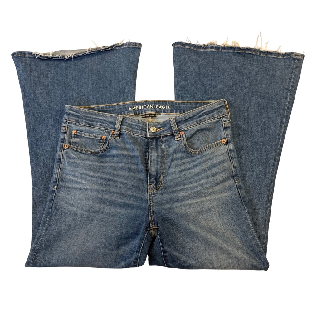 American Eagle Festival Flare Jeans 12 Short Next Level Stretch Blue Frayed Hem